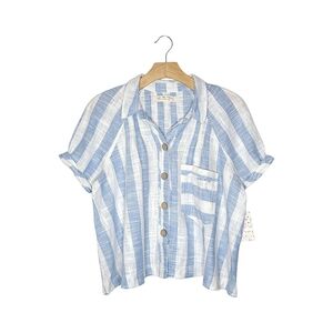 NWT Free People Blue and White Vertical Stripe Button Down Short Sleeve Crop Top